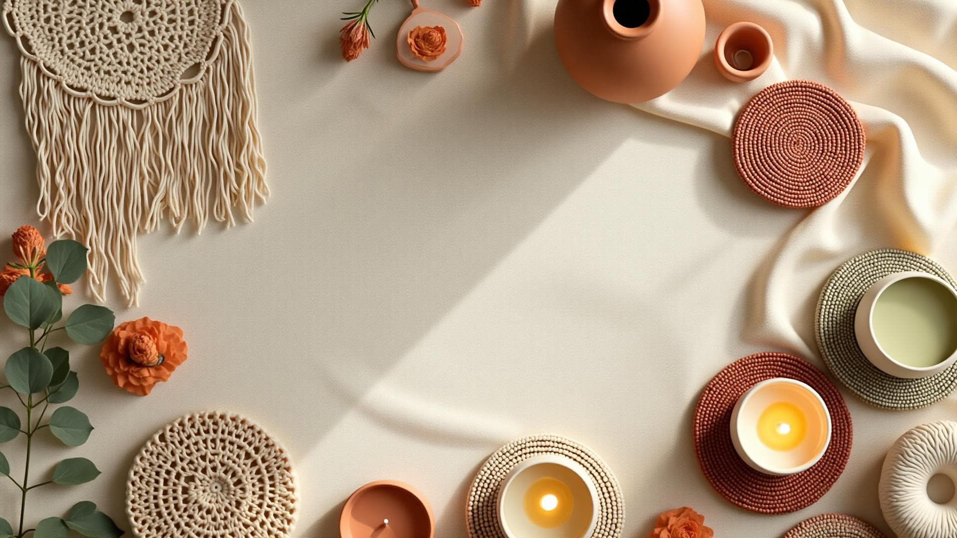 Beautiful handcrafted home decor items including macrame, candles, and pottery